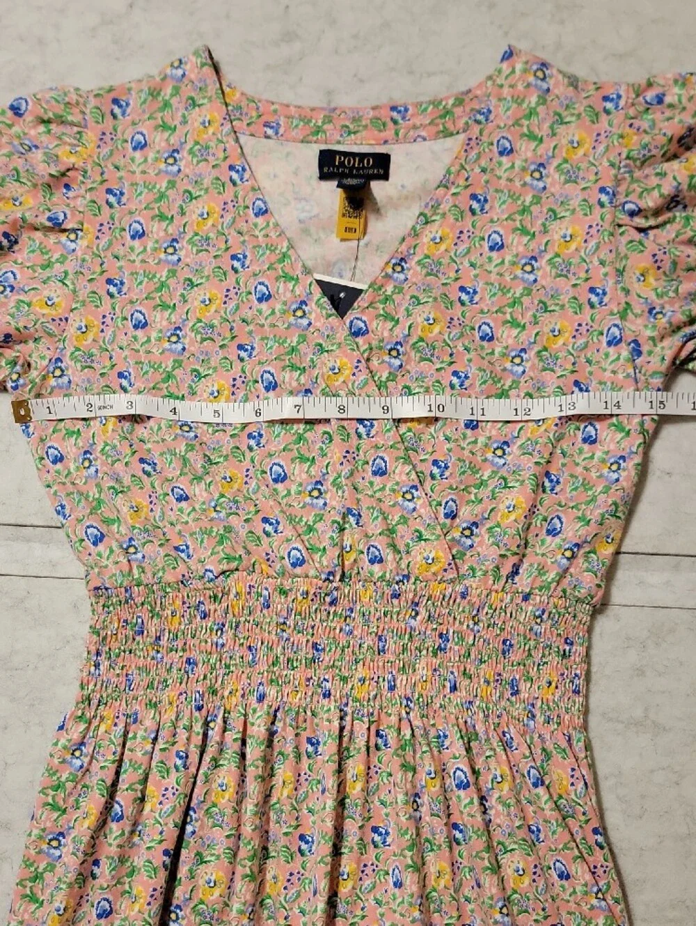 NWT Polo by Ralph Lauren Pink Floral V‑Neck Smocked Waist Dress Large (12-14)